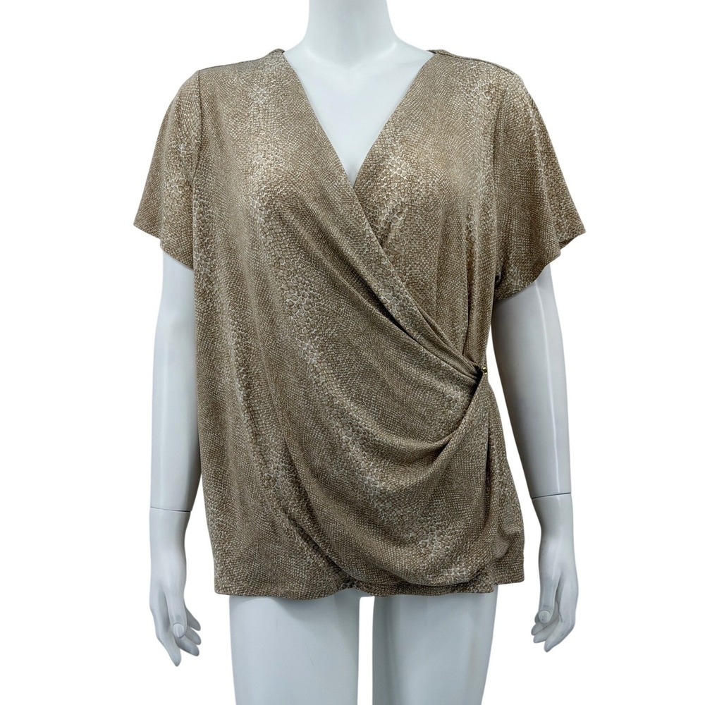 Calvin‎ Klein Top Womens 1X Tan Snakeskin Faux Wrap Short Sleeve Office Stretch